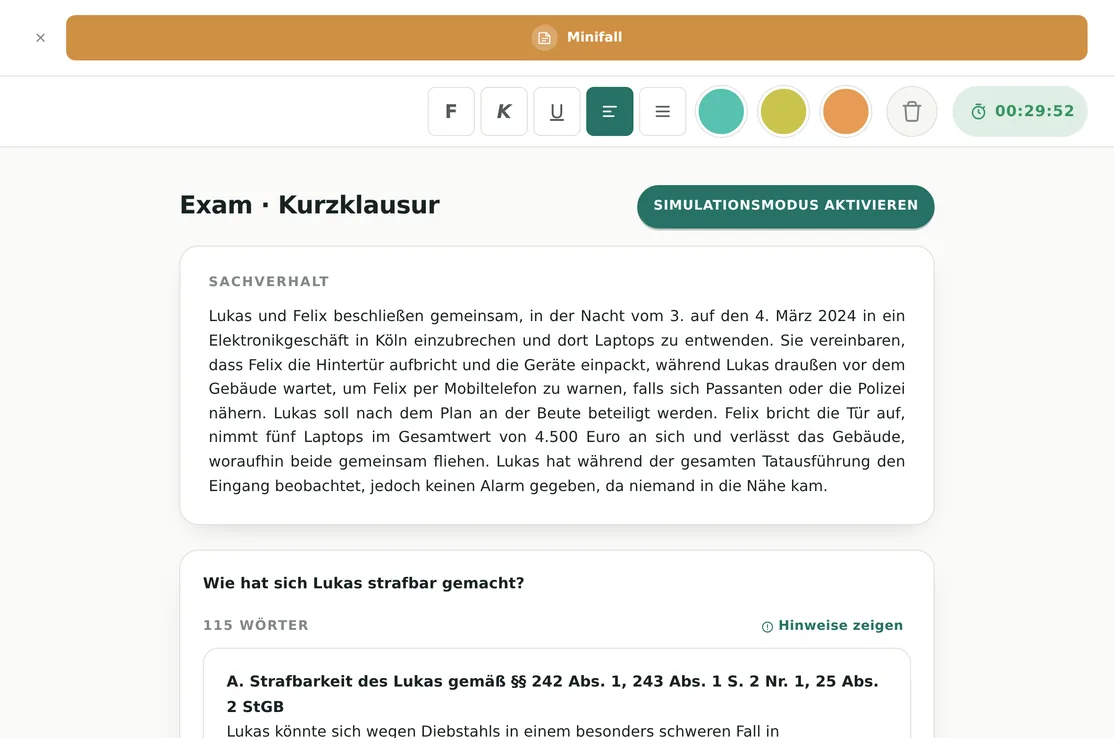 Minifall mit Sachverhalt, Timer und Editor für die eigene Lösung