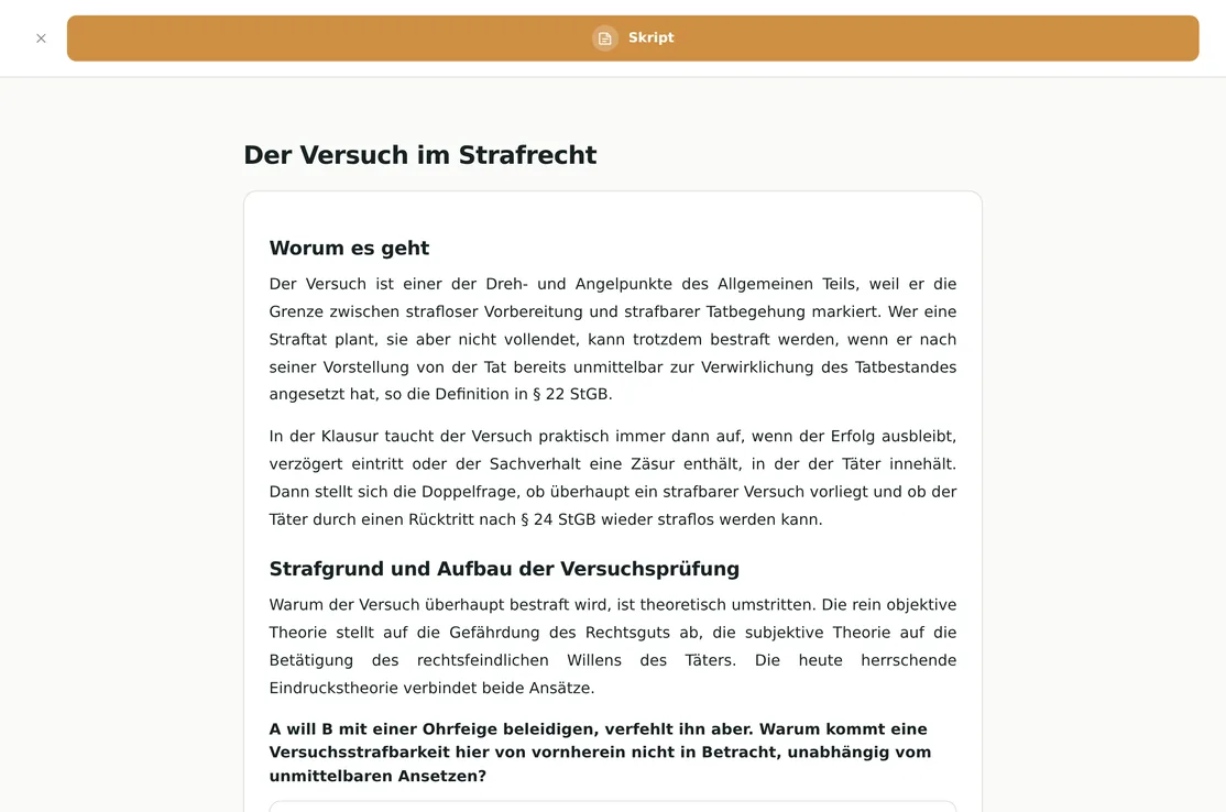 Lernskript zum Versuch im Strafrecht mit Erläuterungen und Übungsfrage