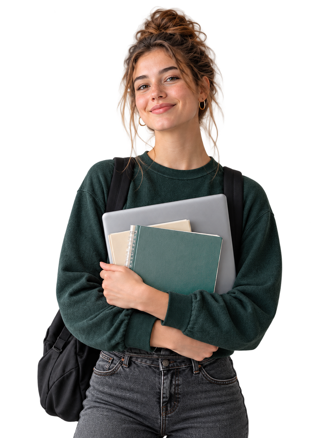 Studentin mit Laptop und grünen Lernunterlagen